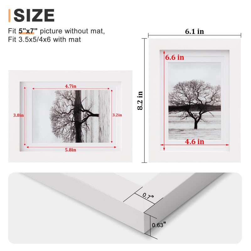 Egofine 5x7 Picture Frame Made of Solid Wood, Covered by Plexiglass Display Pictures 3.5x5/4x6 with Mat or 5x7 Without Mat for Table Top Display and Wall Mounting Photo Frame, White - Image 3